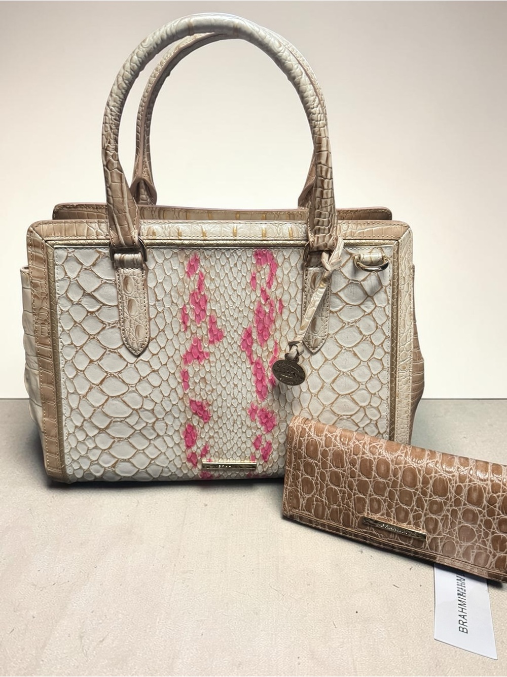 Brahmin Small Finley Apricot Rose Satchel & Ady Wallet in Taupe Set  NWT